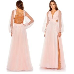 Mac Duggal TULLE SHEER LONG SLEEVE CUT OUT LACE UP A LINE GOWN size 10 New $398